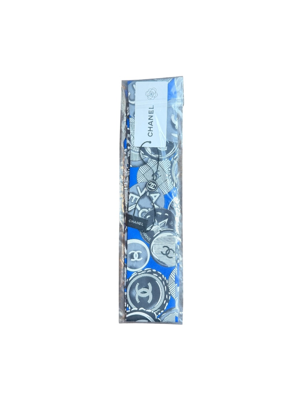 CHANEL Blue & Black Coin Motif Silk Twilly Scarf